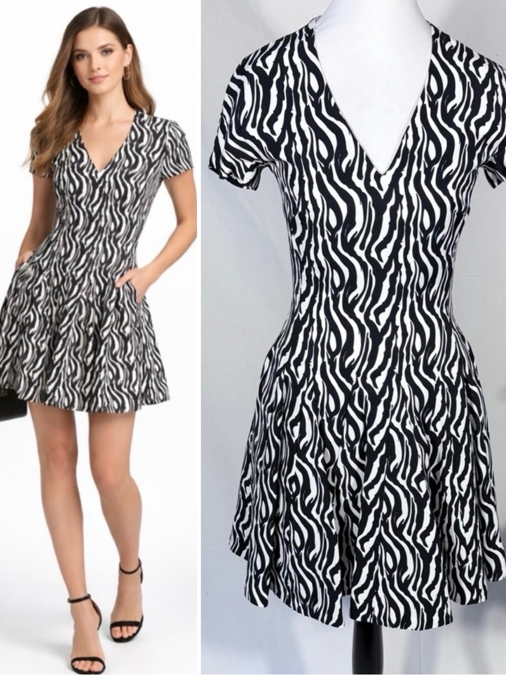 REISS Zebra Print Pleated Fit & Flare Dress with Pockets – Size 2💛